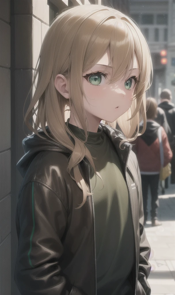 Boy in black jacket,light brown hair green eyes.Let him look into the eyes of a blonde-haired girl, brown eyes and the girl has a blue sweatshirt