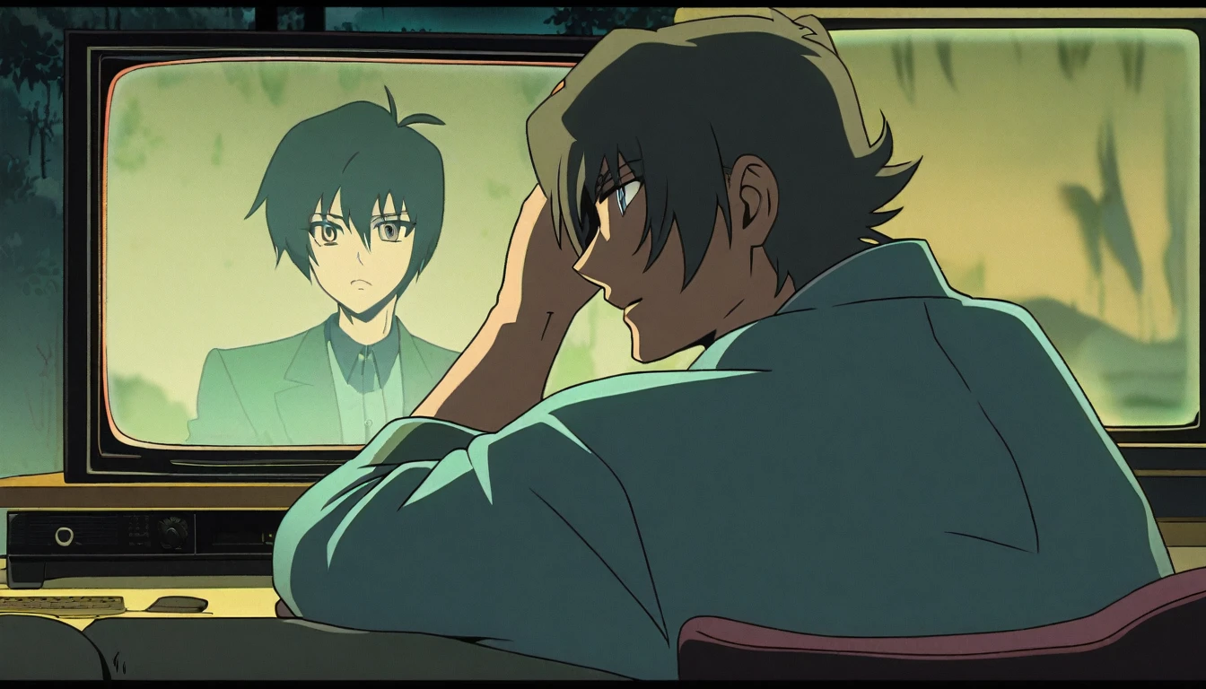 A guy watching something on tv at night,dark anime style,retro