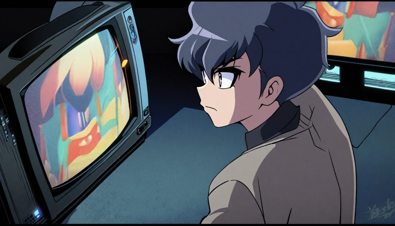 A guy watching something on tv at night,dark anime style,retro