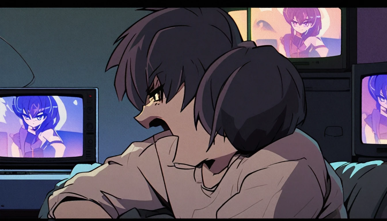 A guy watching something on tv at night,dark anime style,retro