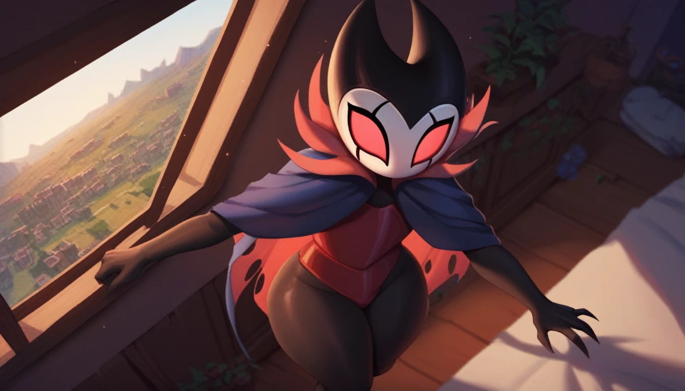 score_9, score_8_up, score_7_up, score_6_up, zPDXL2, grimm \(hollow knight\), vampire, bat, 1boy, solo, cute face, detailed eyes, anthro, clothed, background, landscape, looking at the viewer, thick thighs, angle from above, highlight thighs, It's snowing outside, it's night, a lamp is on nearby, grabbing your shirt, pov, smug face, outdoor