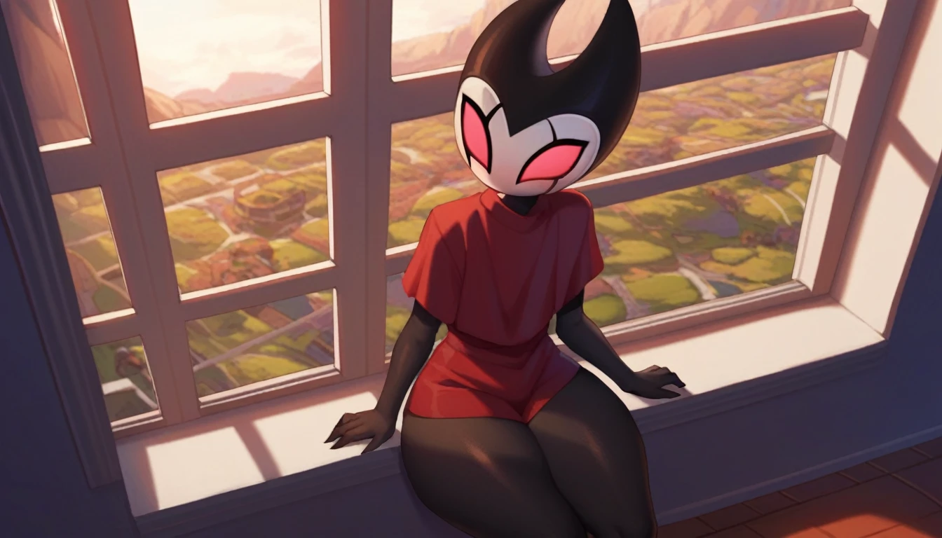 score_9, score_8_up, score_7_up, score_6_up, zPDXL2, grimm \(hollow knight\), vampire, bat, 1boy, solo, cute face, detailed eyes, anthro, clothed, background, near the window, landscape, looking at the viewer, thick thighs, angle from above, highlight thighs, male focus