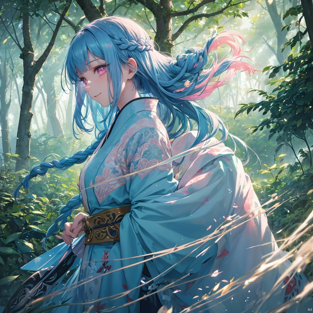 sky Blue hair, (braided ponytail),(pink eyes),fair skin ,(full body),1 girl,smile,white red kimono,Fresh green forest,Forest Goddess,Straight Bangs,(masterpiece, best quality, ultra-detailed, best shadow), (detailed background), (beautiful detailed face), high contrast, (best illumination, an extremely delicate and beautiful), ((cinematic light)), colorful, hyper detail, dramatic light, intricate details,guardian of the forest,Leaf Blizzard,high quality,