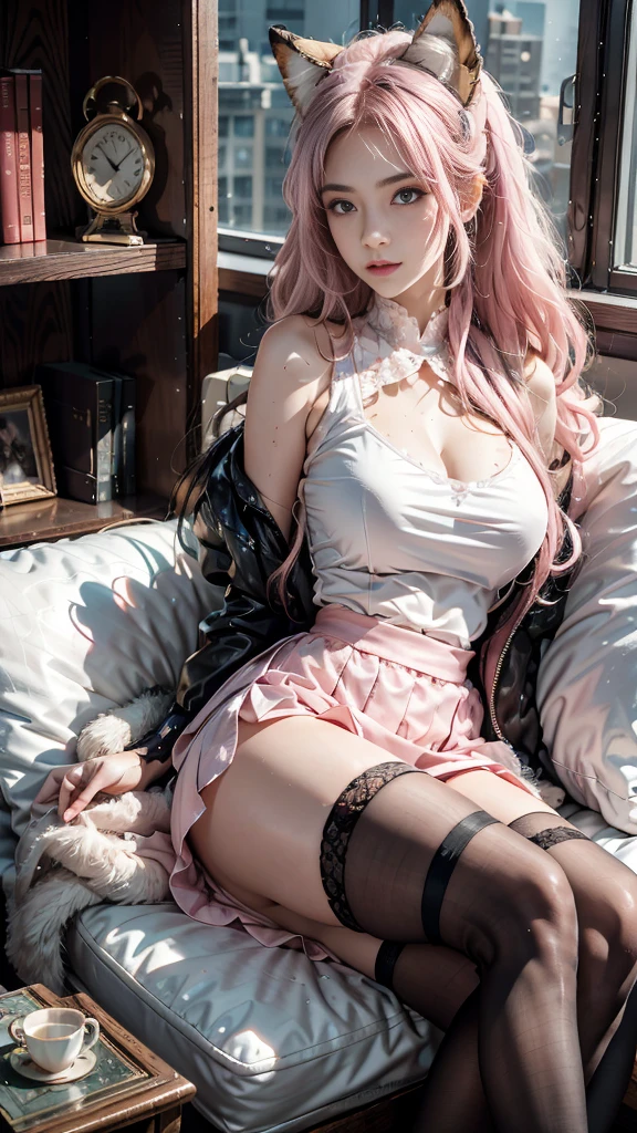 Gentle soft lighting， One girl， solo， Sit， （Starry Sky， night， city）， （Pink Garter：1.2），Thigh height，Pink Garter，（Huge_chest：1.4）， Fox Ears， （Scattered beneath the surface）， Long white hair， pink skinny dress，High leg leotard， ruffle tight skirt， Pink decoration，Black sofa， Messy Hair， Pink Hair， Wear gloves on your elbows， See-through, transparent clothing， Windows， Bookshelf， Lace neck garter，White ribbon，Pink Ribbon
