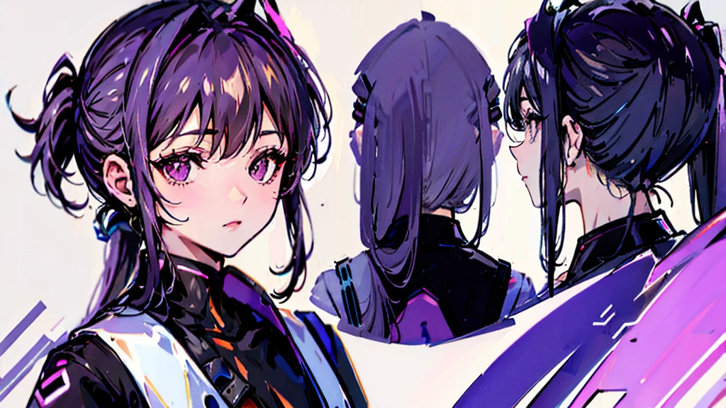 reference sheet, model sheet,(multiple views, [from behind|from side|from front|close-up|upper body|portrait]:1.2),One girl,human, Dark hair with purple strands, Ponytail, purple eyes, black outfit,wearing bulletproof vest,background white, masterclass,masterpiece,8k,clean,symmetry.