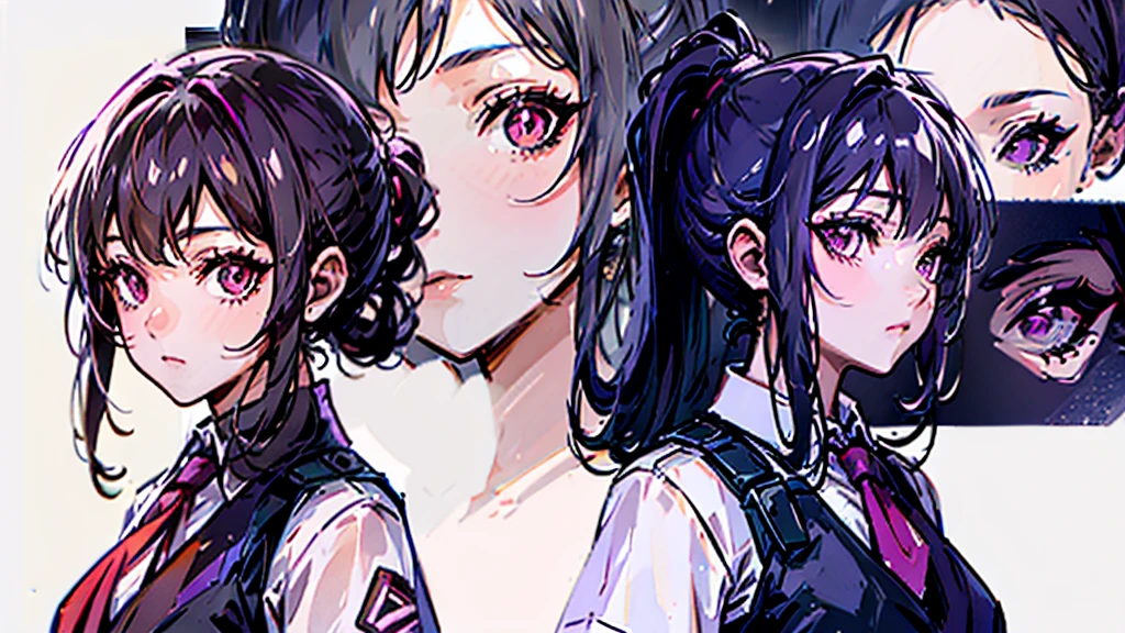 reference sheet, model sheet,(multiple views, [from behind|from side|from front|close-up|upper body|portrait]:1.2),One girl,human, Dark hair with purple strands, Ponytail, purple eyes, black outfit,wearing bulletproof vest,background white, masterclass,masterpiece,8k,clean,symmetry.