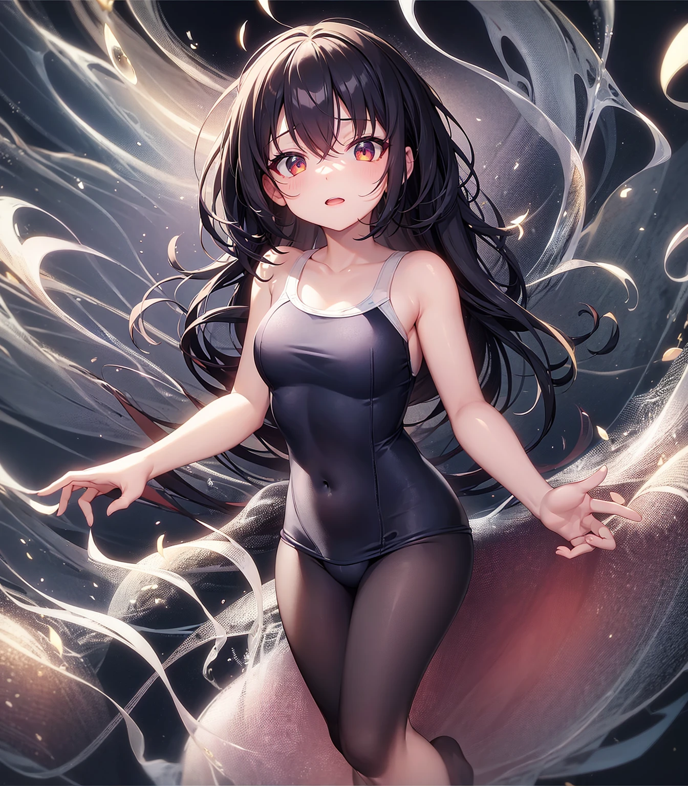 (((School Swimsuit))),(In a naughty way),Cute little ,Tiny , girl,,Childish face, Very fine clean face,Top quality, Big eyes,Straight Hair,Yellow hair,Crimson Eye,(Dark Room), Subtle light, Natural light,Soft lighting,Light from directly behind, (Are standing), Cute pose, (Open your hands), Showing the whole body,Front view,Black background