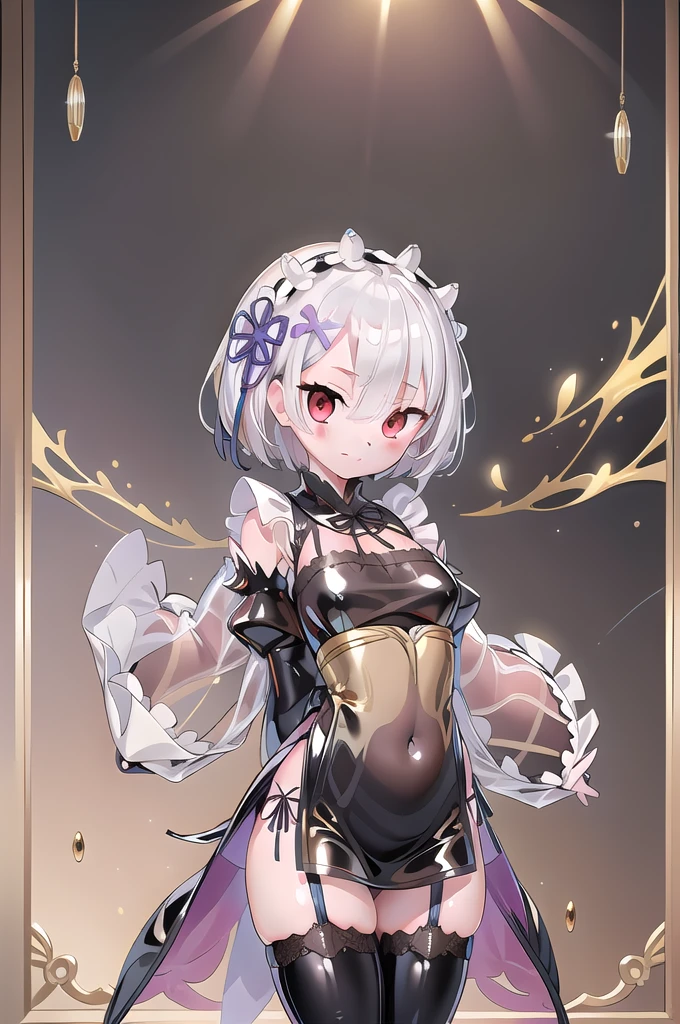 1girl,solo,cowboy shot,standing,(white hair:1.6),(short hair),hair over one eye,ribbon trim, hair ribbon, x hair ornament,(red eyes:1.4),(beautiful fingers:1.4),(perfect anatomy:1.6),(arms_behind_back:1.6),(cold_shoulder:1.2),(gold silk lace glossy lamé kimono:1.6),(latex luster shiny glossy:1.6),(shiny_clothes:1.6),small breasts,(thin thighs:1.6),(gold thigh boots:1.4),(masterpiece),best quality,(Ultra high definition eyes:1.2),8k,(Beautiful detailed eyes:1.2),(Fine and beautiful eyes:1.2),(pretty eyes:1.2),finely detail,extremely CG, absurdres,high resolution,illustration,Detailed and beautiful outlines,finely detail,high resolution,(colorful refraction:1.4,Increase saturation:1.2),beautiful lighting,dynamic lighting,closed room,black background,simple background, smile,looking at viewer,ram1,ram \(re:zero\), white thighhighs, maid headdress, garter straps, black ribbon, long sleeves, neck ribbon, purple ribbon, wide sleeves, hair flower,(sheer sleeves:1.6)