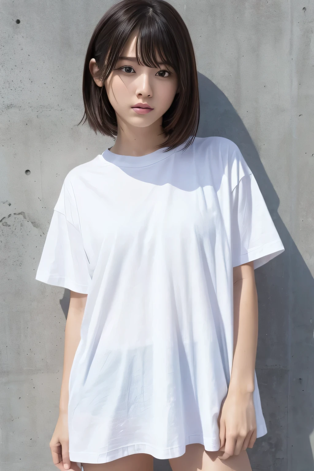 A 21-year-old girl wearing only a long white T-shirt、Loose, A large, lightweight T-shirt、Idol&#39;s face、White skin、Sexy clavicle、beautiful girl、From the knee up、(Very good)、(Big Breasts)、Big Breasts、(The outline of her nipples is clearly visible through her T-shirt.、Hard nipples)、Young Face、A park crowded with people