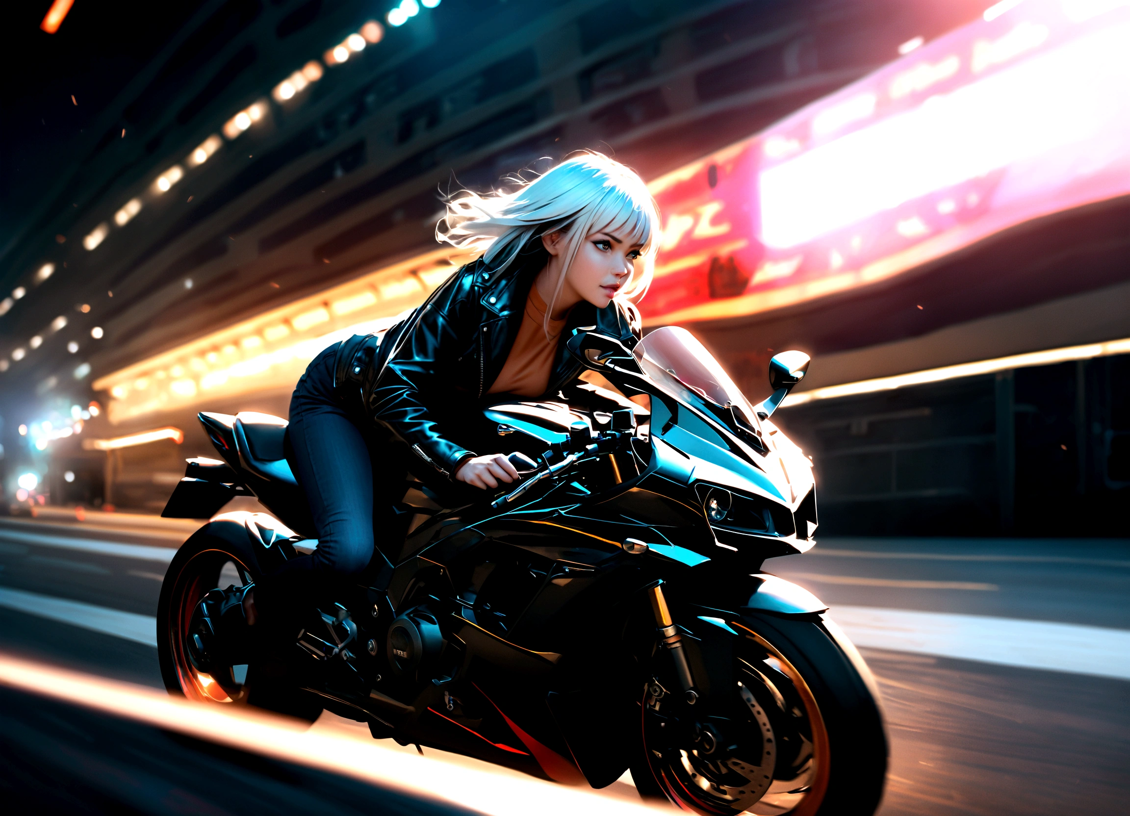 A beautiful woman with long white hair, riding a motorcycle, detailed face, cinematic lighting, highly detailed, photorealistic, 8k, hyper detailed, realistic, sharp focus, studio lighting, leather jacket, dramatic angles, motion blur, cinematic composition, vibrant colors, dramatic lighting, Night view，Bright colors，Electric Spark，Dystopian Cityscape，Mixed reality。