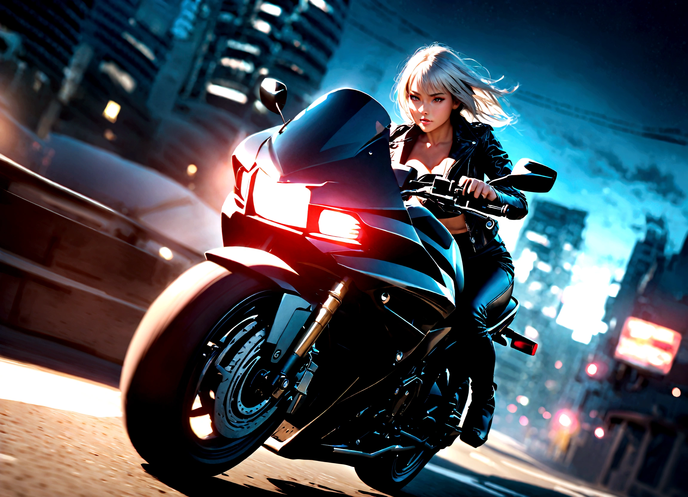 A beautiful woman with long white hair, riding a motorcycle, detailed face, cinematic lighting, highly detailed, photorealistic, 8k, hyper detailed, realistic, sharp focus, studio lighting, leather jacket, dramatic angles, motion blur, cinematic composition, vibrant colors, dramatic lighting, Night view，Bright colors，Electric Spark，Dystopian Cityscape，Mixed reality。