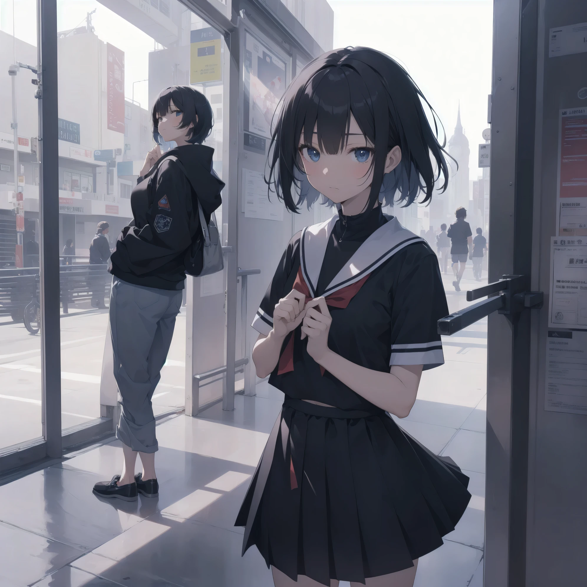 ultra-absurdres-Top quality by artist God, ultra-detailed, high resolution, anime moe artstyle, best anime 8k konachan wallpaper, pixiv contest winner, pool:2810, perfect anatomy,break, 1girl, (Please draw a girl walking sleepily to school alone. )break,(Solo,little female, 13-year-old:1.3),Full limbs, complete fingers,a junior high school student, (very short hair), short cut, flat chest, , small butt, small black eyes, beautiful detailed eyes, well-proportioned iris and pupils, expressive eyes, highres detailed hair, soft expression, salor school_uniform, sailor collar, serahuku, bow, pleated skirt,(Detailed Lighting), (Detailed background), in the School commute route. break,super detailed skin, Best cinematic lighting powered by famous artist, 8k,beauty illustration,photoshop_(medium),very aesthetic,break,((artist:toosaka_asagi )), artist:clamp ,artist:carnelian ,artist:kantoku ,