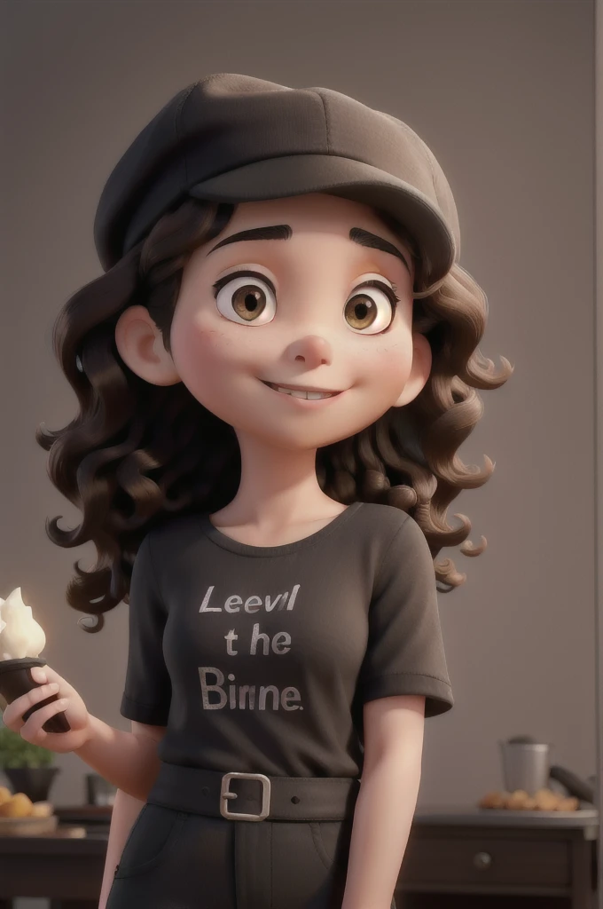 A brunette woman with curly hair wearing a black cap and written Thai on the front holding an iPhone in soft lighting looking straight, dark skin color 8k 3D