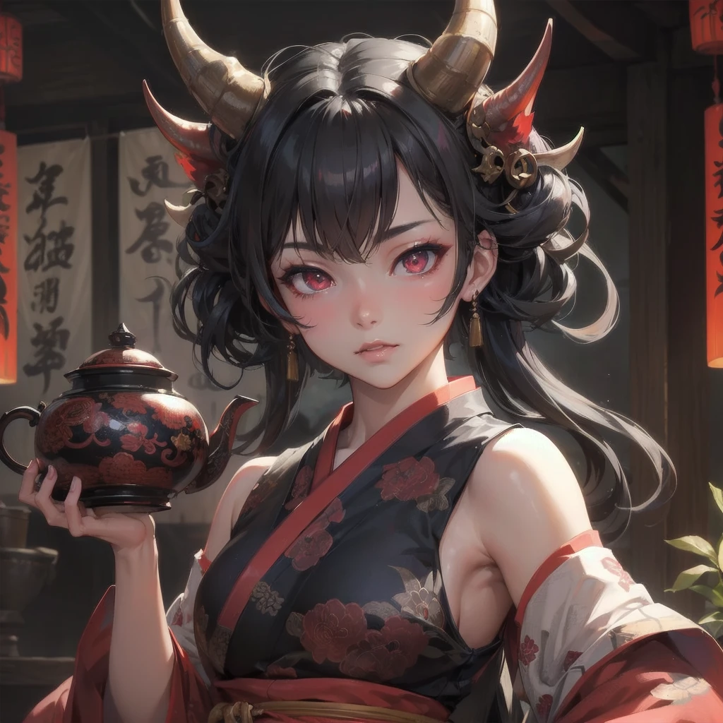  masterpiece, (textured skin), best quality, gorgeous beautiful girl, (a female oni), japanese devil,detailed clothes,large breasts,narrow waist,, (beautiful face), cinematic lighting, (fantasy anime art ),