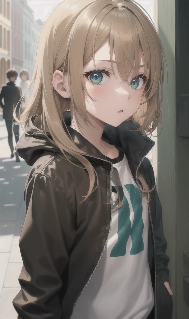 Boy in black jacket,light brown hair green eyes.Let him look into the eyes of a blonde-haired girl, brown eyes and the girl has a blue sweatshirt 