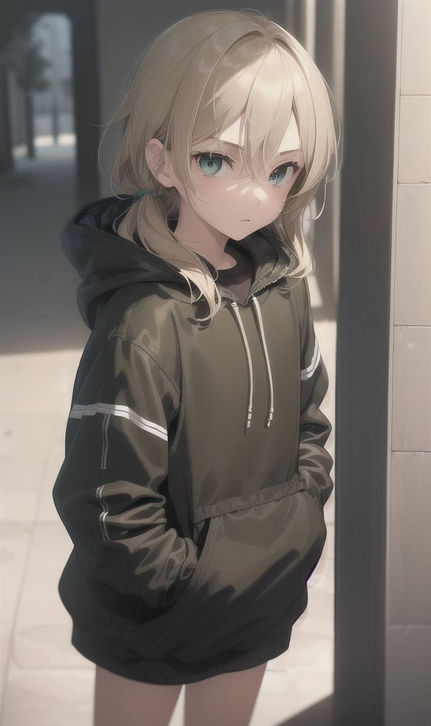 Boy in black jacket,light brown hair green eyes.Let him look into the eyes of a blonde-haired girl, brown eyes and the girl has a blue sweatshirt 