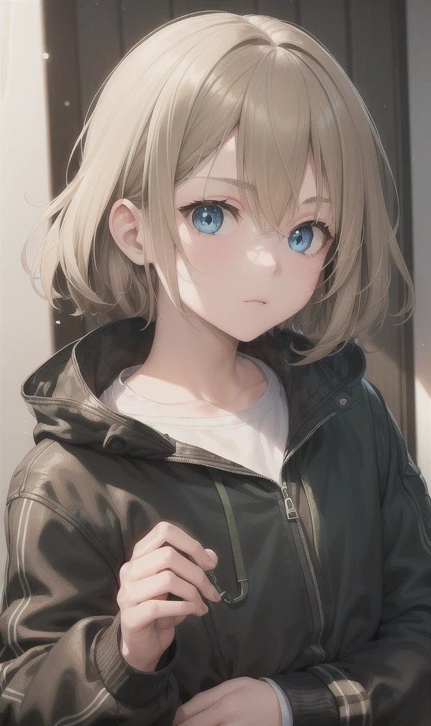 Boy in black jacket,light brown hair green eyes.Let him look into the eyes of a blonde-haired girl, brown eyes and the girl has a blue sweatshirt