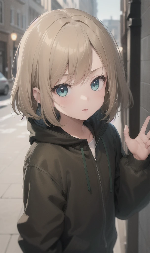 Boy in black jacket,light brown hair green eyes.Let him look into the eyes of a blonde-haired girl, brown eyes and the girl has a blue sweatshirt