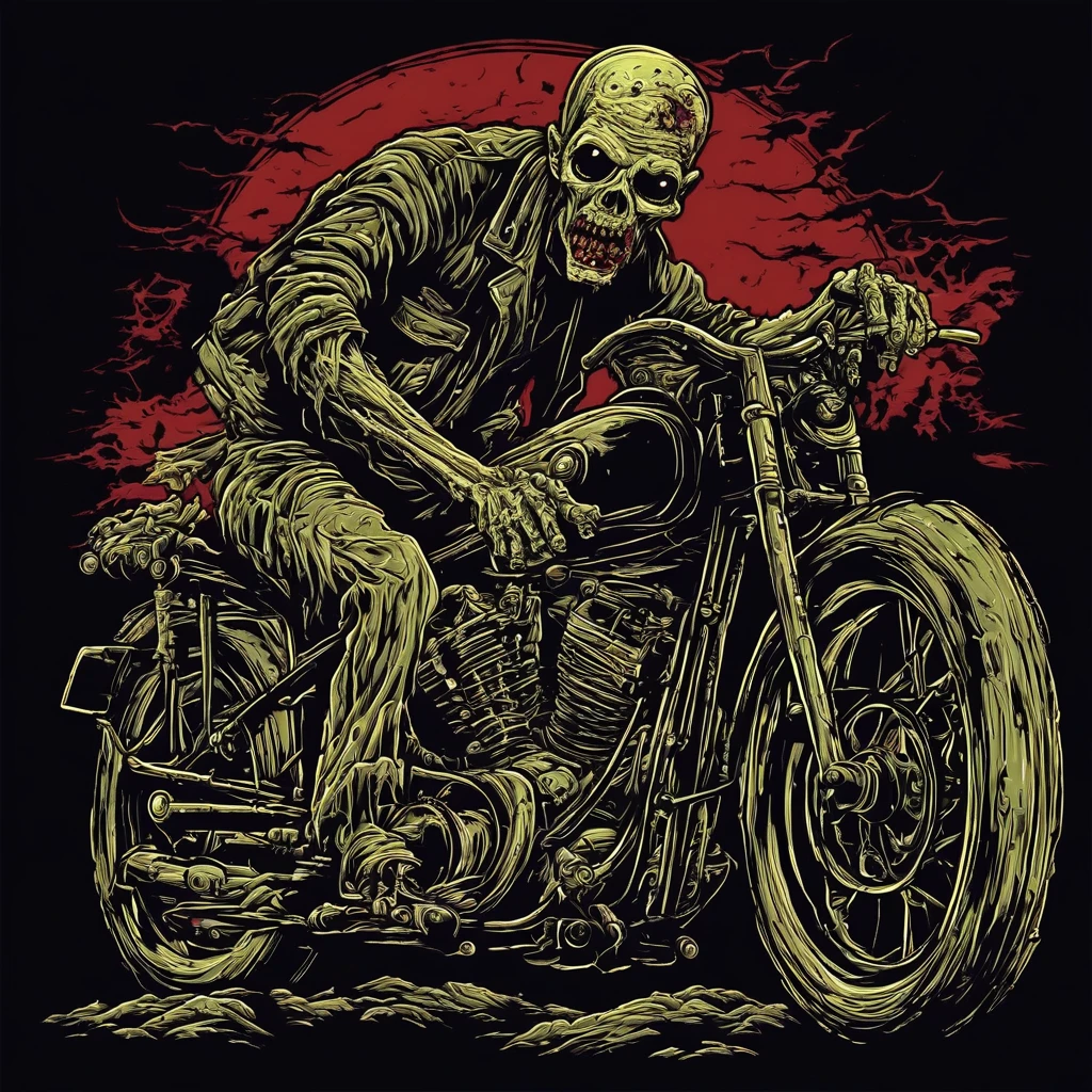 metal_tee, zombie on a vintage motorcycle, vector digital illustration, (Black background:1.5)