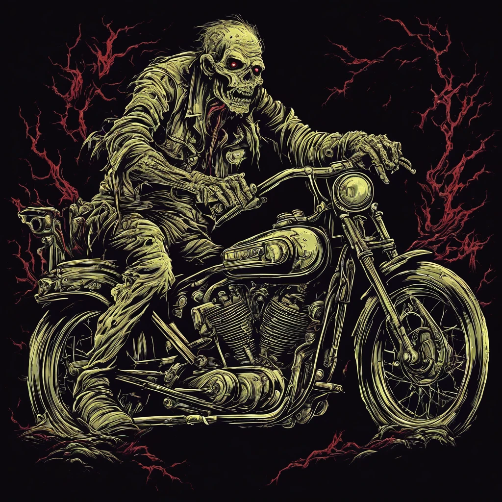 metal_tee, zombie on a vintage motorcycle, vector digital illustration, (Black background:1.5)