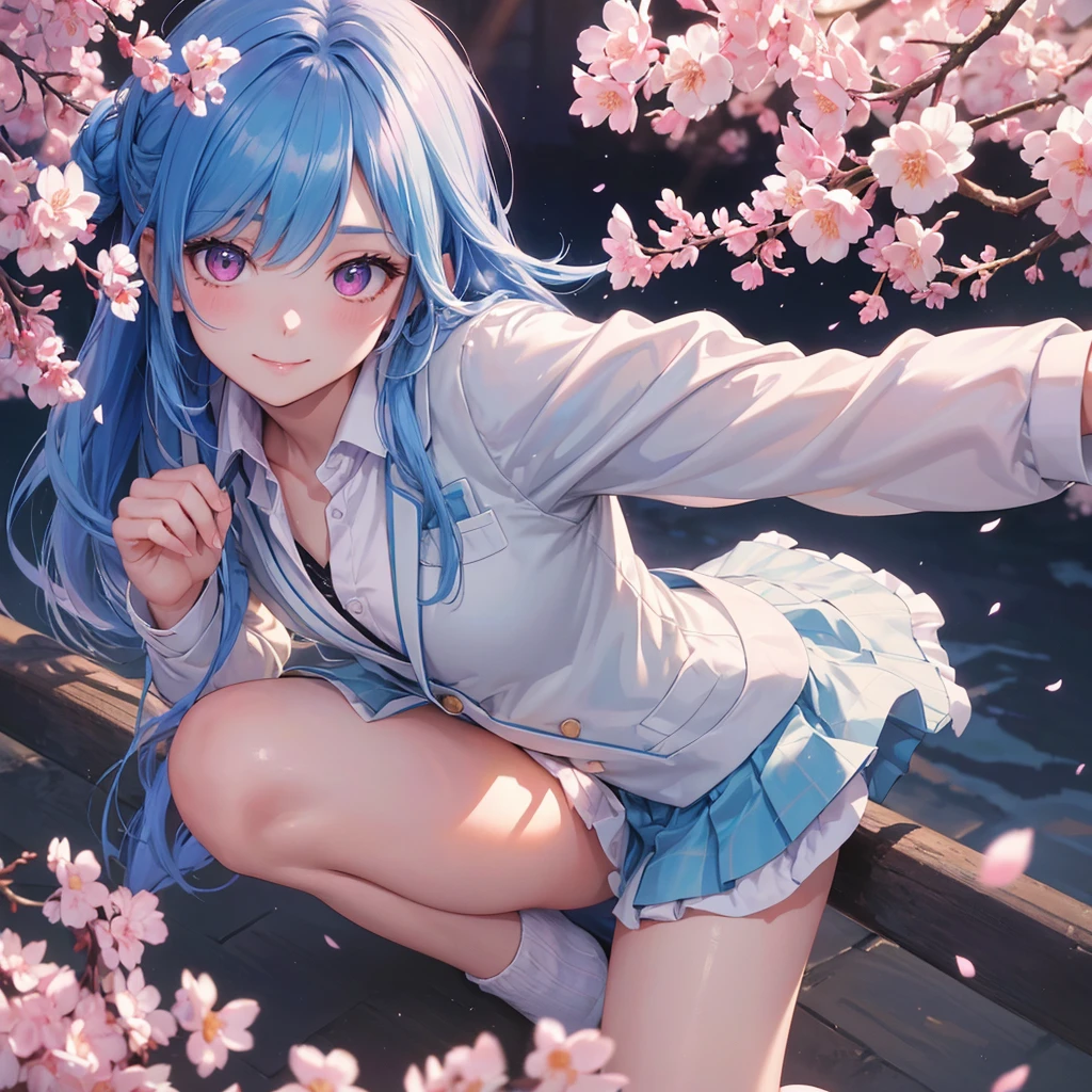 Sky blue hair, Braided Ponytail,(Pink Eyes),Fair skin ,whole body,(1 Girl),Smile,spring, cherry blossoms, Knee-high socks for school, blazer, Straight bangs,(masterpiece, Highest quality, Super detailed, Best Shadow), (Detailed Background), (Beautifully detailed face), High Contrast, (Best lighting, Very delicate and beautiful), ((Cinematic Light)), colorful, Hyper Detail, Dramatic Light, Intricate details,sunshine,Leaning forward,high quality,