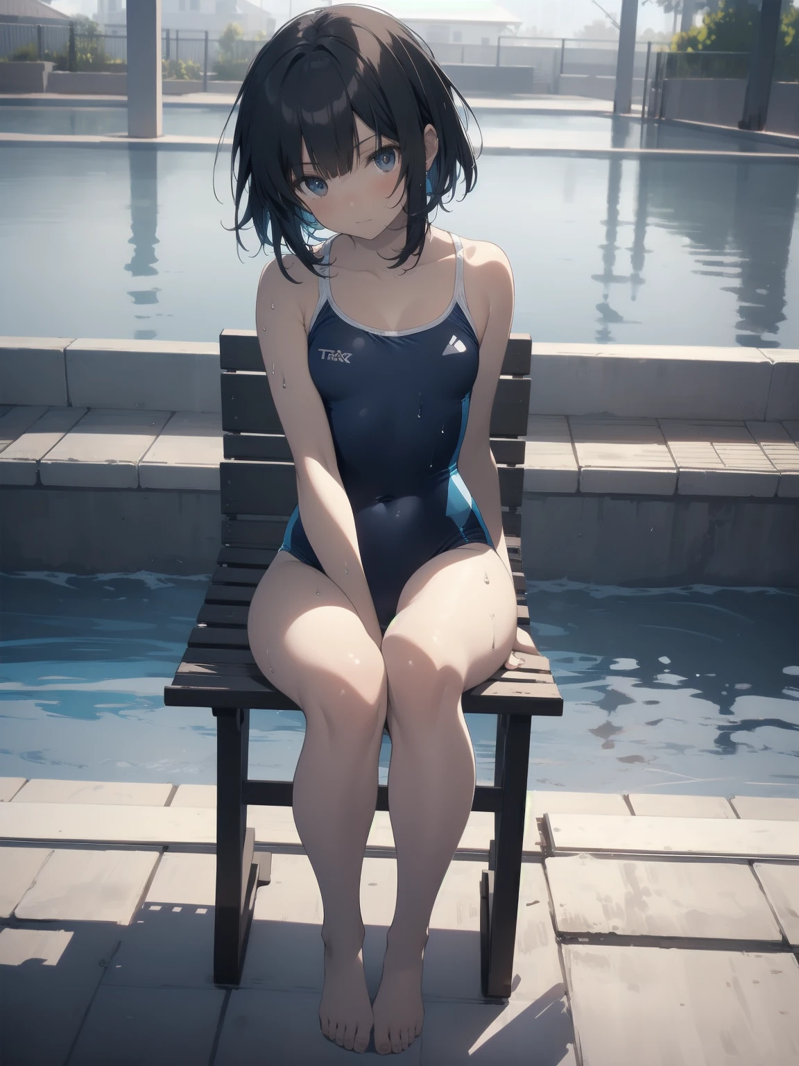 ultra-Top-quality by art God, ultra-detailed, high resolution, shinkai makoto style, anime moe artstyle, best anime 8k konachan wallpaper, pixiv contest winner, perfect anatomy, break,(Please draw a picture of a girl in a swimsuit sitting masturbation on a bench by the poolside alone.),break, a hyperrealistic school girl, (Solo,ta, kid, 13-year-old:1.3),Full limbs, complete fingers, androgynous charm, (very short hair), wet hair, small breasts,slender body, Small butt, groin, Small black eyes,hanme,beautiful detailed eyes, well-proportioned iris and pupils, sleepy eyes, highres detailed hair, swimsuit, wet swimsuit, bare shoulders, thighs, masturbation, in the school pool. break,super detailed skin, shiny skin, Best lighting powered by famous artist, 8k, illustration,UHD, textured skin,break,((artist:toosaka_asagi )), artist:clamp ,artist:carnelian ,artist:kantoku ,