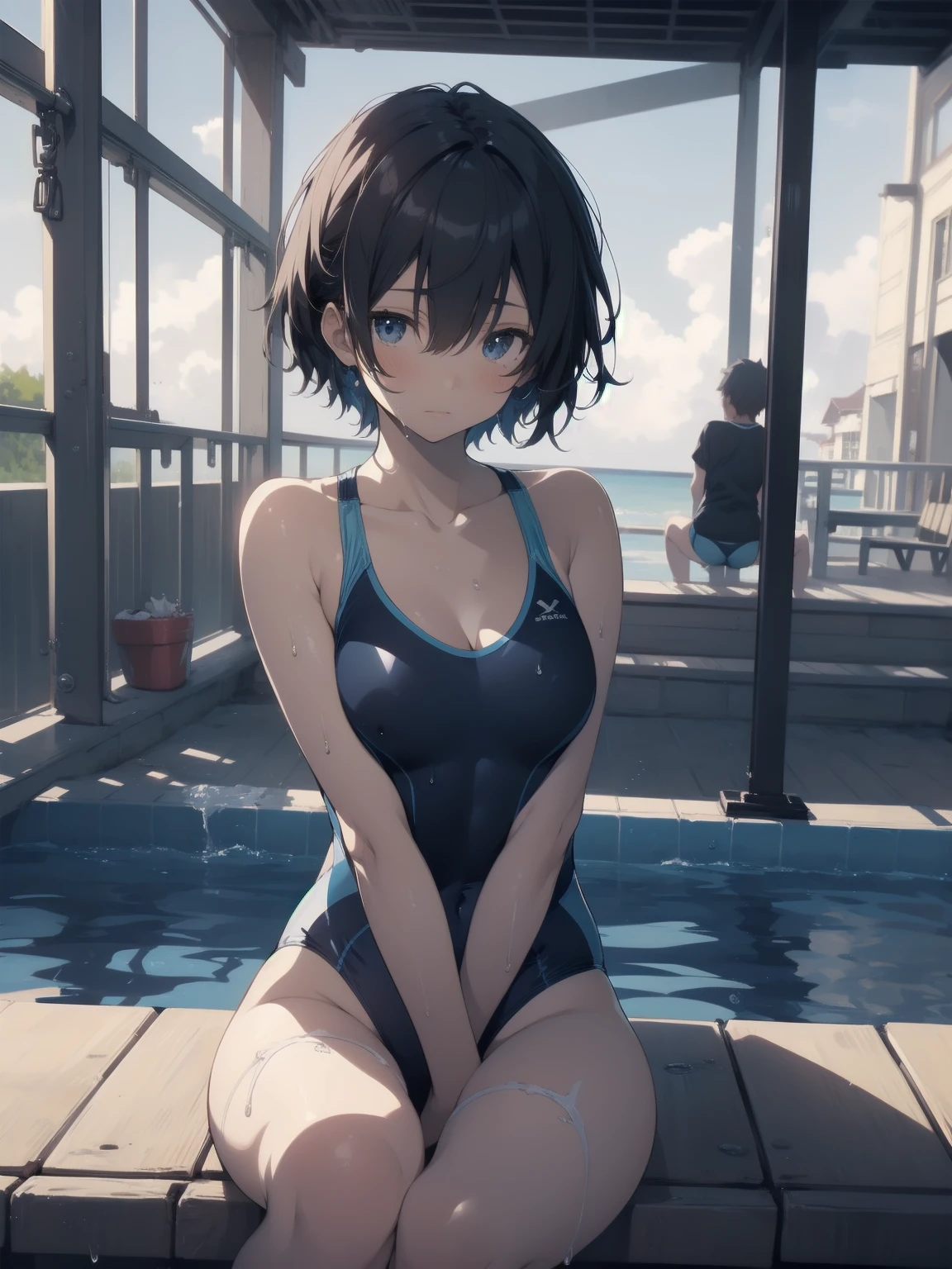 ultra-Top-quality by art God, ultra-detailed, high resolution, shinkai makoto style, anime moe artstyle, best anime 8k konachan wallpaper, pixiv contest winner, perfect anatomy, break,(Please draw a picture of a girl in a swimsuit sitting masturbation on a bench by the poolside alone.),break, a hyperrealistic school girl, (Solo,lolita, , 13-ar-1.3),l limbs, complete fingers, androgynous charm, (very short hair), wet hair, small breasts,slender body, Small butt, groin, Small black eyes,hanme,beautiful detailed eyes, well-proportioned iris and pupils, sleepy eyes, highres detailed hair, swimsuit, wet swimsuit, bare shoulders, thighs, masturbation, in the school pool. break,super detailed skin, shiny skin, Best lighting powered by famous artist, 8k, illustration,UHD, textured skin,break,((artist:toosaka_asagi )), artist:clamp ,artist:carnelian ,artist:kantoku ,