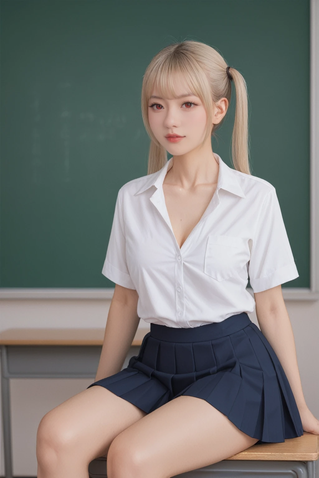 Hyperrealistic photograph,score_9, score_8_up, score_7_up, BREAK,
In a masterpiece setting, a single lady is depicted in a classroom during the day. She is sitting, dressed in a school uniform, with her blonde hair styled in twin tails and striking red eyes. Her collarbone is exposed, and she has dark skin. The image captures her in a moment of openness, with her breasts subtly revealed, adding a unique and bold element to the composition.