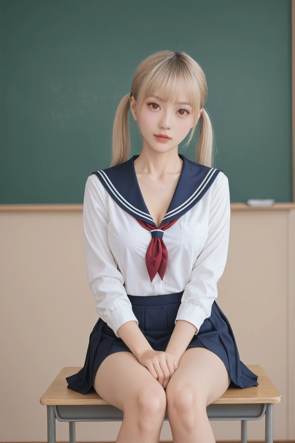 Hyperrealistic photograph,score_9, score_8_up, score_7_up, BREAK,
In a masterpiece setting, a single lady is depicted in a classroom during the day. She is sitting, dressed in a school uniform, with her blonde hair styled in twin tails and striking red eyes. Her collarbone is exposed, and she has dark skin. The image captures her in a moment of openness, with her breasts subtly revealed, adding a unique and bold element to the composition.
