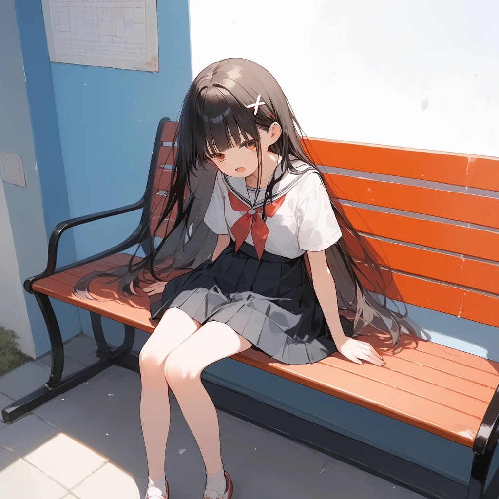 score_9, score_8_up, score_7_up, source_anime, best quality, masterpiece, official art, absurdres, highres, ultra-detailed,waifu2x,Collection: Slice of Life,break,1girl, long hair, straight hair, black hair, blunt bangs, small breasts, slender, beautiful detailed eyes, school_uniform, open mouth, (yawn:0.3), sleepily, sitting, bench, outdoors, wind, break,(clear line illustration:1.2),very high resolution, very aesthetic, super detailed skin, Best sexual lighting powered by famous artist, 8k,cute picture,beauty illustration,photoshop_(medium),,(Detailed Lighting),best anime 8k konachan wallpaper, pixiv contest winner,