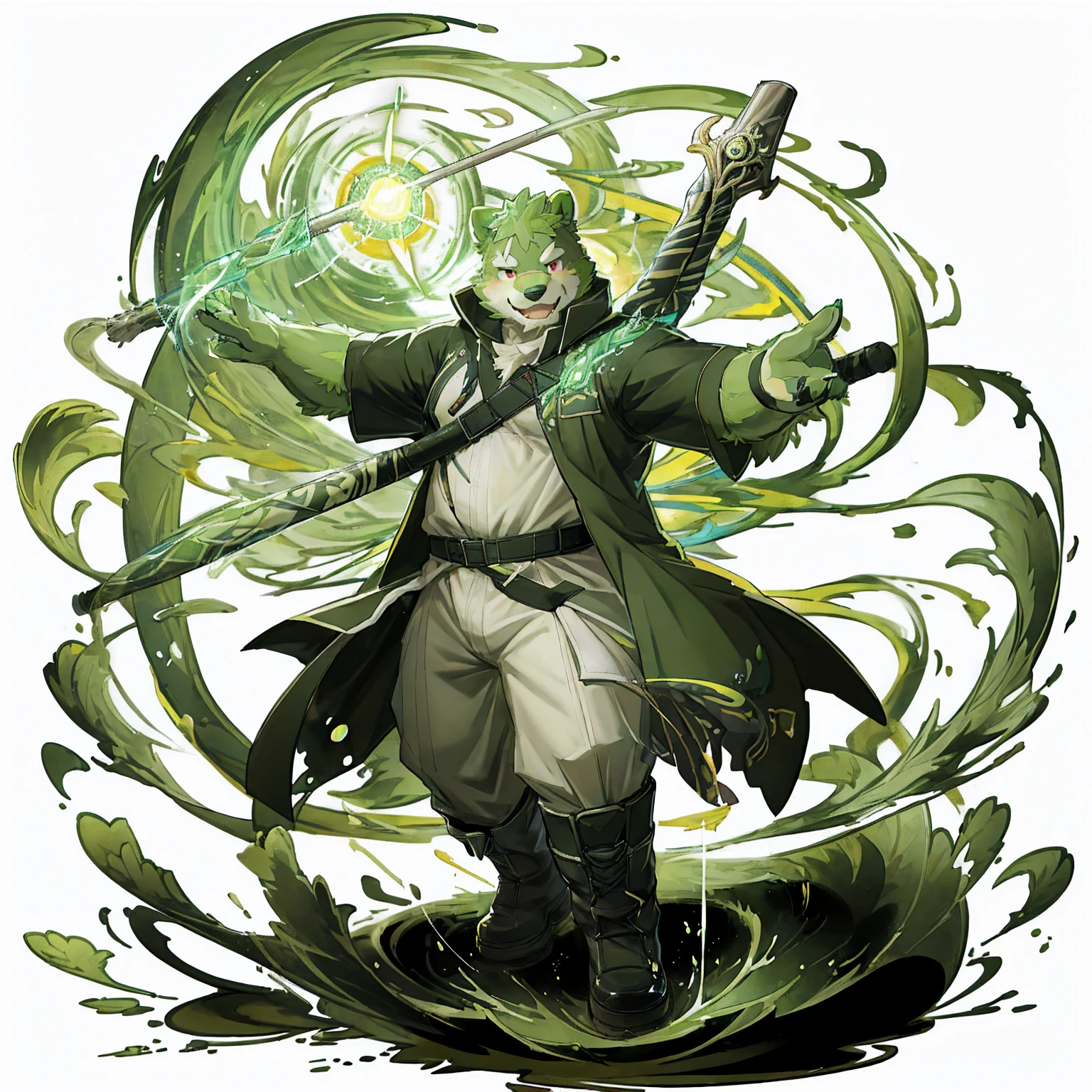 anthro, kemono, male, solo, (((green bear))), (((green fur))), green hair, red eyes, beard, white eyebrows, sexy, blush, wink, white background,  mage staff, magic, (black t-shirt inside), (((white unhooded trench coat ))), gray trousers, military boots, full body, splash art, 