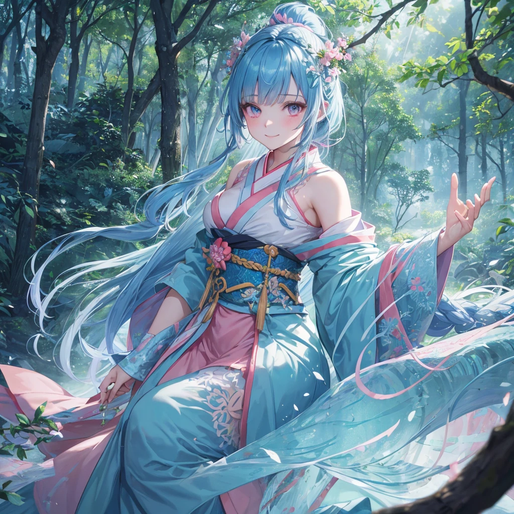 Blue hair, (braided ponytail),(pink eyes),fair skin ,(full body),1 girl,smile,white red kimono,Fresh green forest,Forest Goddess,Straight Bangs,(masterpiece, best quality, ultra-detailed, best shadow), (detailed background), (beautiful detailed face), high contrast, (best illumination, an extremely delicate and beautiful), ((cinematic light)), colorful, hyper detail, dramatic light, intricate details,guardian of the forest,Leaf Blizzard,high quality,