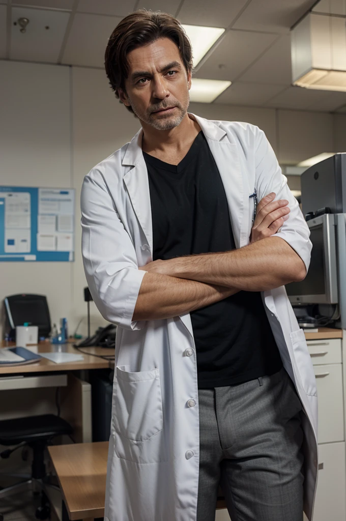 create an ultra realistic 8k image of a doctor in a lab coat with his arms crossed in an office