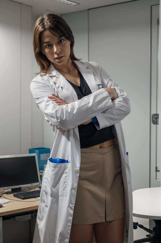 create an ultra realistic 8k image of a doctor in a lab coat with his arms crossed in an office
