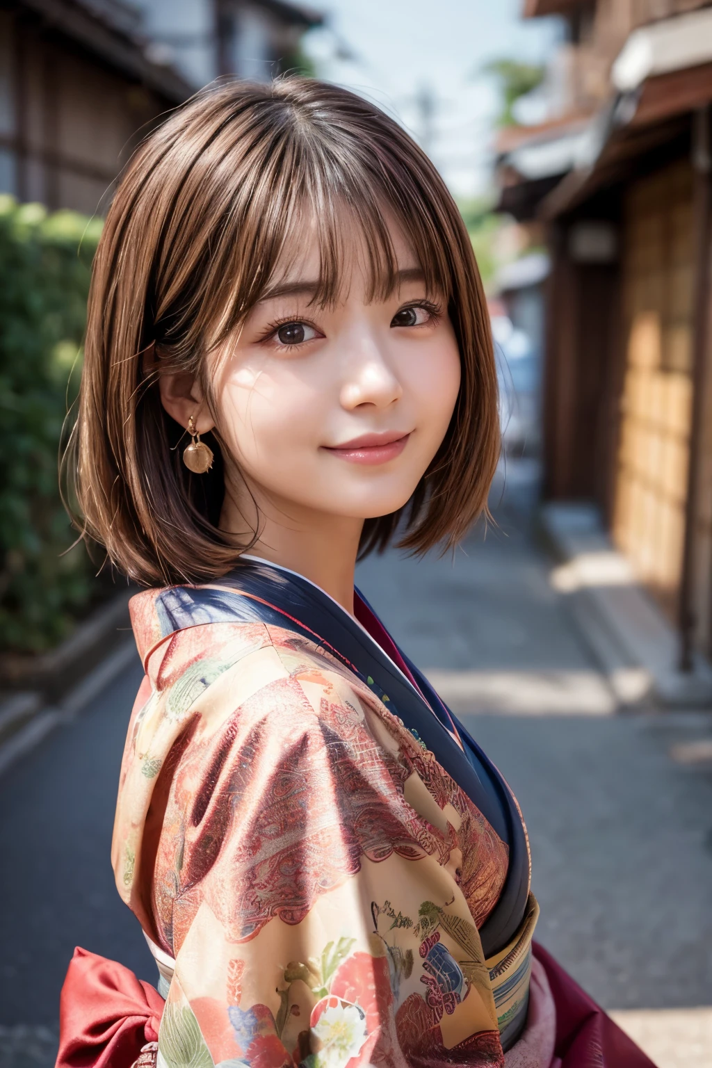 Upper Body、Beauty、Well-formed face、Wearing a Japanese kimono、20-year-old、Uniform eyes、Small face、, light brown hair, hair over shoulder, parted bangs, straight hair, expressive hair, shiny hair, earrings, seductive smile, kanzashi, nihongami, Surrealism, cinematic lighting, first-person view, pov, f/1.2, Nikon, UHD, textured skin, best quality, highres, 8k