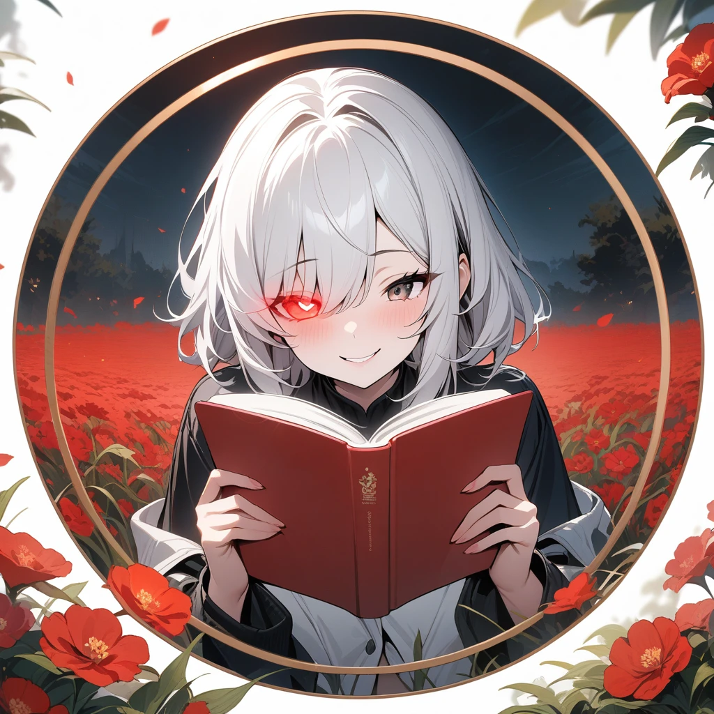 (circle frame1.7),1woman, naughty smile, glowing eye, long white hair, red flowers field , night ,masterpiece, best quality,reading  book, circle frame,
