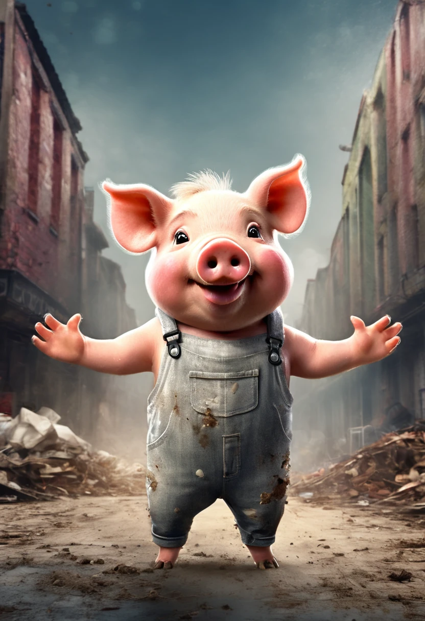 cute piggy, cartoon,arms, hands ,cute eyes, big pig ears,looking at viewer, arms up, dirty effects, particles, random, dirty background, clothes, dirty, pig