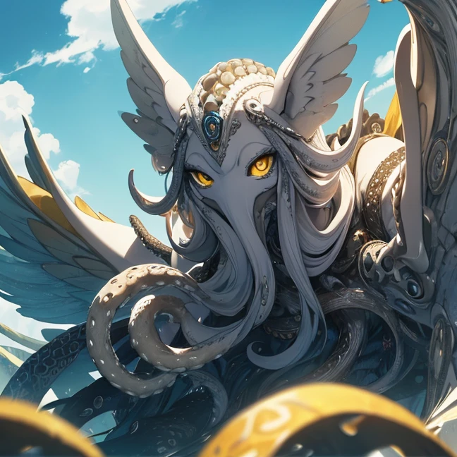 (Absurdres, master piece, best high quality image, very detailed features, very detailed textures, carefuly detailed with no deformed parts in all the artwork), solo character alone.
Octupus, he is grey and white, has a big brain, six yellow eyes, 50 tentacles around the head, six arms with six tentacle fingers, 10 magic angelic wings around the body, serious inexpresive eyes, he is wise, wonderful and protective.
Floating on a green beautiful sky with blue clouds, a beautiful passive situation.