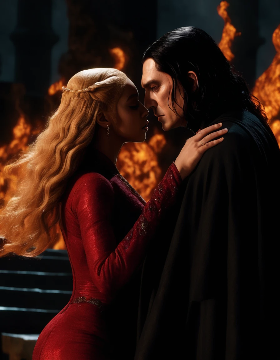 ### Scene: Create an image of two people in love in a setting of mystery and passion.
**Woman's Appearance:**
- Resembles Beyoncé
- Brown skin
- Long, golden blonde curly hair
- Confident and seductive expression
- Wearing a red dress, elegant and form-fitting
- Lips painted a deep, intense red
**Man's Appearance:**
- Resembles Severus Snape
- Pale skin
- Large nose
- Black, straight hair falling around his face in a somber manner
- Serious and intense expression
- Wearing a black cloak, contrasting with the flames around them
**Atmosphere:**
- Surrounded by flames, creating a mystical and fiery ambiance
- Soft lighting highlighting their faces, enhancing the sparkle in their eyes
- Flames adding an element of intensity and mystery to the scene
- They are close to each other, gazing intensely into each other's eyes, exuding a strong emotional connection