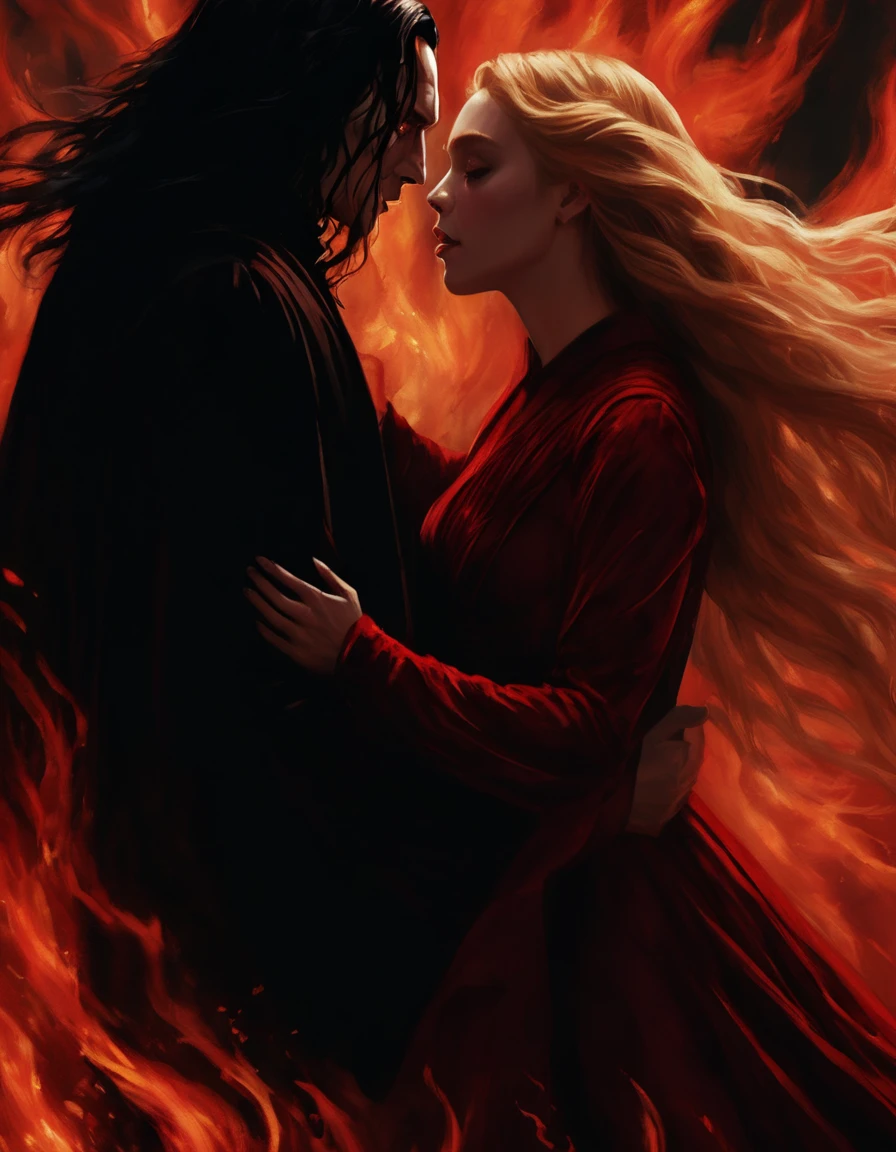### Scene: Create an image of two people in love in a setting of mystery and passion.

**Woman's Appearance:**
- Resembles Beyoncé
- Brown skin
- Long, golden blonde curly hair
- Confident and seductive expression
- Wearing a red dress, elegant and form-fitting
- Lips painted a deep, intense red

**Man's Appearance:**
- Resembles Severus Snape
- Pale skin
- Large nose
- Black, straight hair falling around his face in a somber manner
- Serious and intense expression
- Wearing a black cloak, contrasting with the flames around them

**Atmosphere:**
- Surrounded by flames, creating a mystical and fiery ambiance
- Soft lighting highlighting their faces, enhancing the sparkle in their eyes
- Flames adding an element of intensity and mystery to the scene
- They are close to each other, gazing intensely into each other's eyes, exuding a strong emotional connection