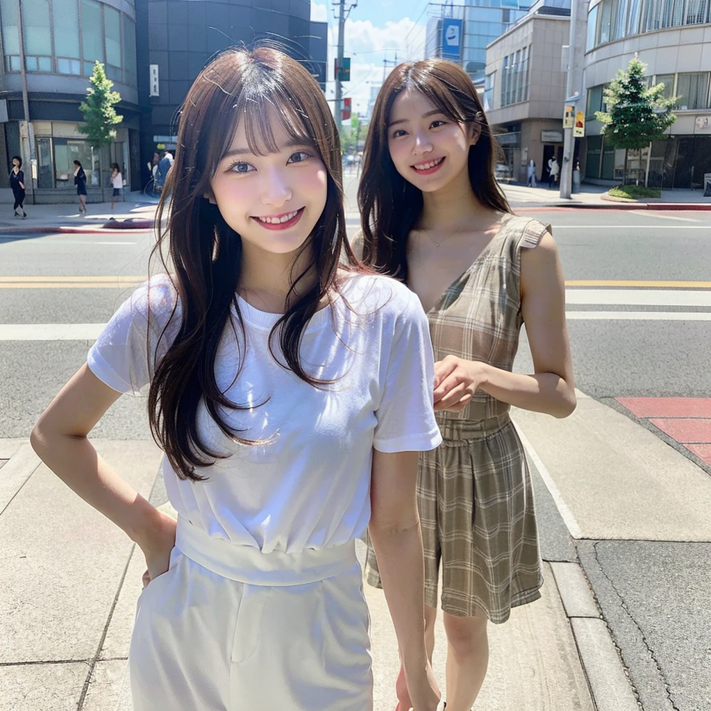 a full body Photo of a Japanese Girl on the Street in Summer. She is 24 years old as known as a member of Japanese Idol Nogizaka46 is smiling faintly. (Documentary photo Style, Digital Photo Medium, Natural Lighting, High Angle)