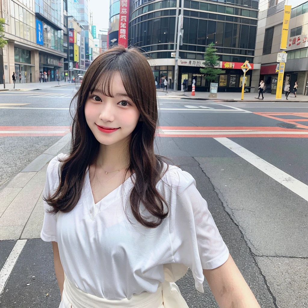 a full body Photo of a Japanese Girl on the Street in Summer. She is 24 years old as known as a member of Japanese Idol Nogizaka46 is smiling faintly. (Documentary photo Style, Digital Photo Medium, Natural Lighting, High Angle)