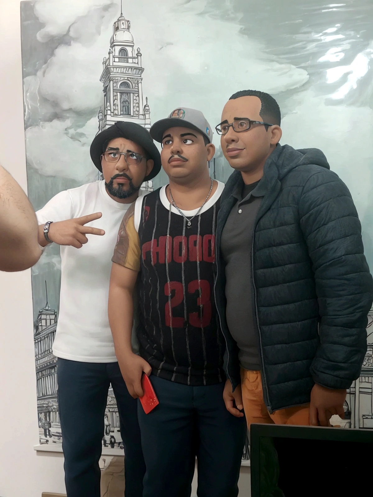 three men in front of a painting of a city, dayer diego artwork, ronaldo luis nazario da lima, paul pepera pablo roldan, caricaturist alarcón, 3 heads, Saturn I play, photo realist, chicano airbrush art, ronaldo luis nazario de lima, smooth in _ o fundo