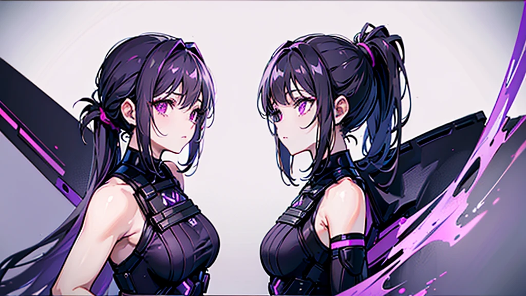 reference sheet, model sheet,(multiple views, [from behind|from side|from front|close-up|upper body|portrait]:1.2),One girl,human, Dark hair with purple strands, Ponytail, purple eyes, black outfit,wearing bulletproof vest,background white, masterclass,masterpiece,8k,clean,symmetry.