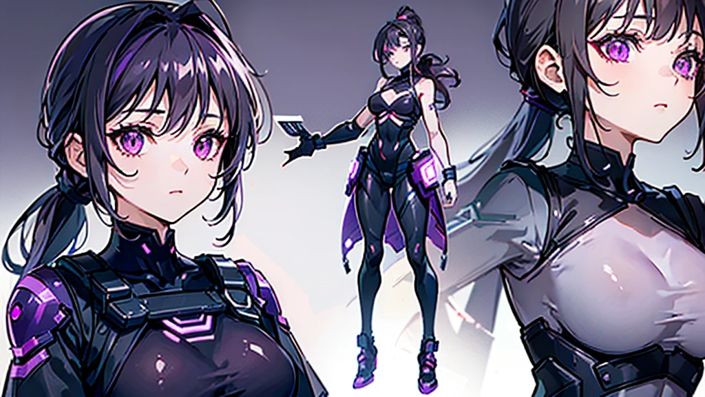 reference sheet, model sheet,(multiple views, [from behind|from side|from front|close-up|upper body|portrait]:1.2),One girl,human, Dark hair with purple strands, Ponytail, purple eyes, black outfit,wearing bulletproof vest,background white, masterclass,masterpiece,8k,clean,symmetry.
