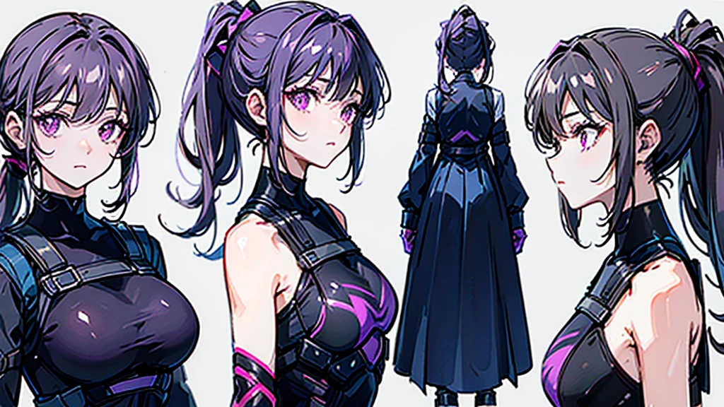 reference sheet, model sheet,(multiple views, [from behind|from side|from front|close-up|upper body|portrait]:1.2),One girl,human, Dark hair with purple strands, Ponytail, purple eyes, black outfit,wearing bulletproof vest,background white, masterclass,masterpiece,8k,clean,symmetry.