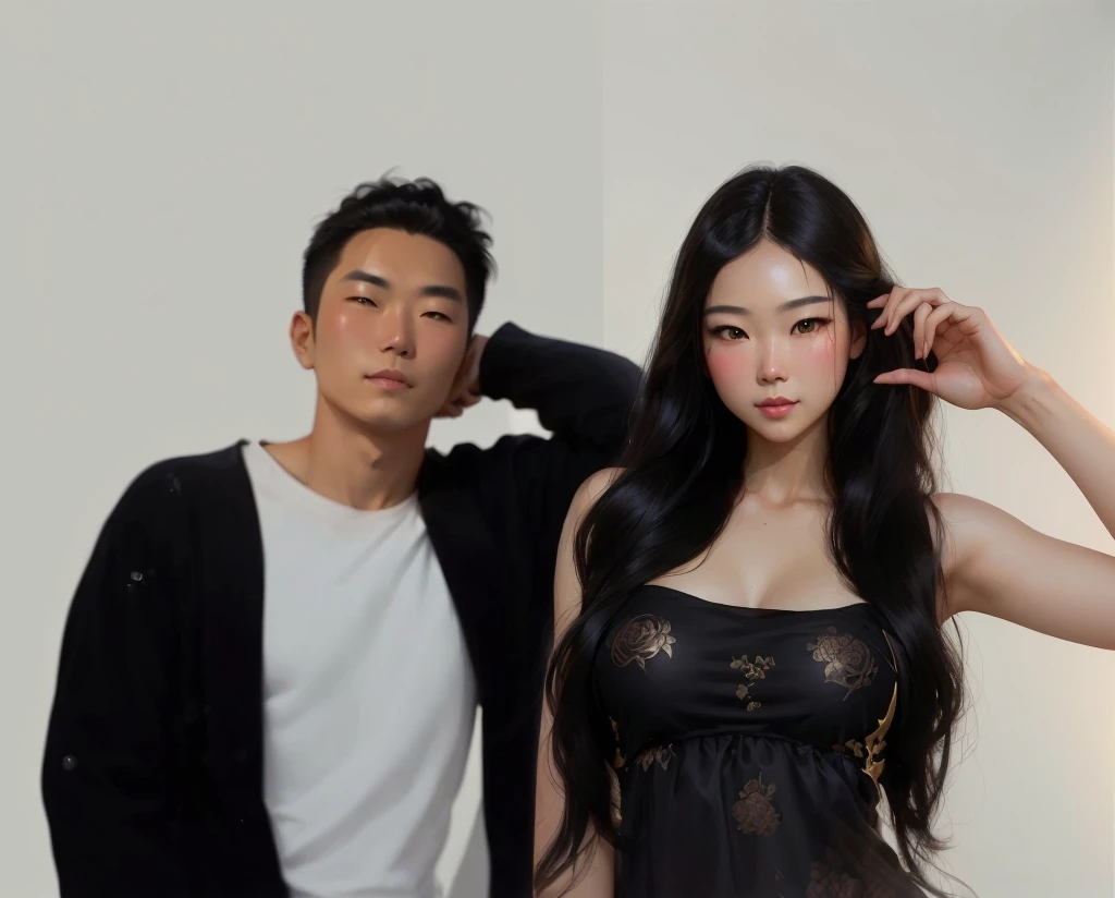 araffe and a woman in a black dress posing for a picture, stephen lau and artgerm, artgerm and ben lo and mucha, jin shan and ross tran, artgerm and ruan jia, ross tran and bayard wu, ruan jia and artgerm, roberto ferri and ruan jia, korean artist