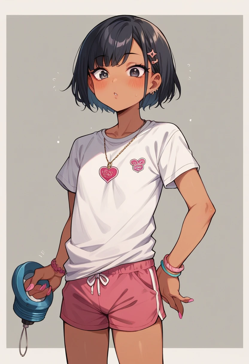 ((young girl ,short stature,gyaru)) ,flat chestembarrassed, flushed, flushing, ,black hair,cowboy shot,stand,nsfw,heavyset,gym wear,flat cheste
