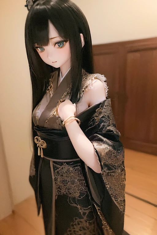 (SFW:2), photorealistic, realistic photo, ((highest quality)), ((masterpiece)), ((extremely detailed)), kukolnydom, doll, (mature woman, 24yo, 24 years old:2), solo, ((cowboy shot, standing, skinny, slender, slim, black kimono, obi, obidome, hair ornament)), green eyes, almond eyes, parted lips, (black hair, long hair, looking at another, blank eyes, empty eyes, detailed eyes, detailed clothes:1.3), Japanese room, 8k