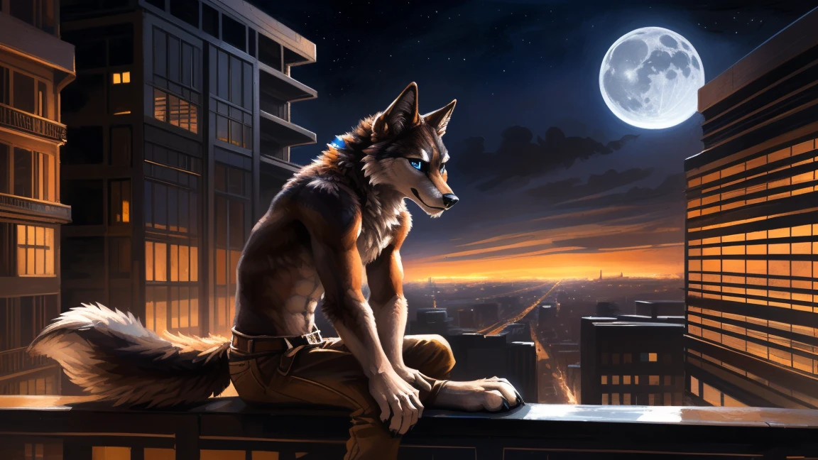 ((Solo)), male people, anthro wolf, (Multi-colored fur, White-brown:1.3), ((Wolf face, Big eyes, White eyelids, Blue pupil, Slim:1.2) (Tough, Calm expression:1.2)), (Height 2.1 meters,Tail length 1.5m), Abs, Slim, pinging, (Correct ???????), (Contour bone:1.2), The upper body is naked, (detailed outfits), a long large tail,Feet,(Realistic fur, Detailed fur texture, labeled:1.3)), (Natural lighting), Photorealistic, Hyperrealistic, ultradetailed, by Kenket,In the modern city,Roof,the night,Sit alone,Look at the full moon,It was dark,Starry
